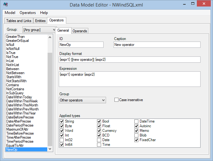 Data Model Editor - add new operator