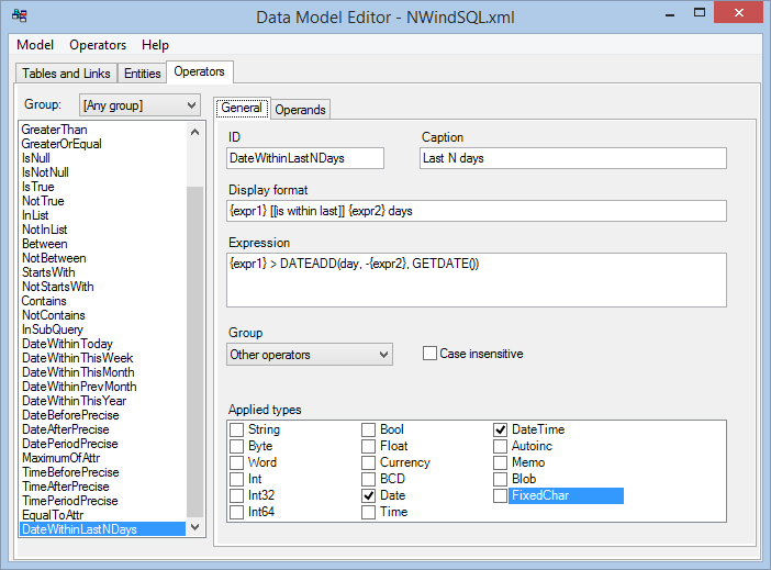 Data Model Editor - operator properties
